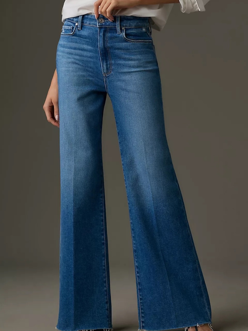 PAIGE Anessa 31” long Wide-Leg High-Rise Jeans in Medium Blue Raw Fray Hem $245